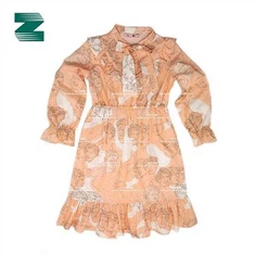 שמלה מודפסת עם שרוול ארוך עם צווארון עגול ארוגה בכותנה